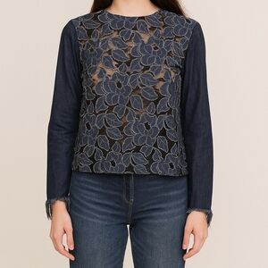 English Factory Womens Denim Blue  Embroidered Flower Long Sleeves Blouse Sz: XS